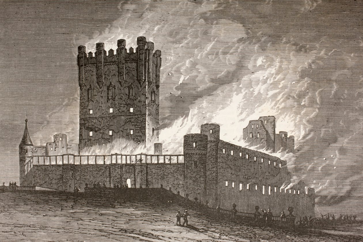 Segovia, Spanyolország: tűz az Alcazarban 1862. március 6-án, a The Universal Museumból, 1862-ben alkotó: Spanish School