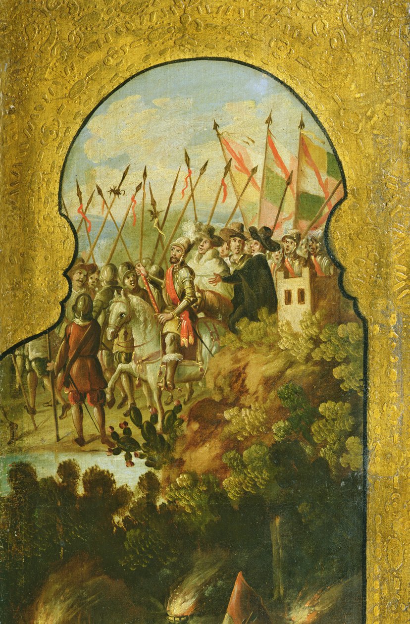 A spanyolok érkezése Cortez vezetésével Mexikóváros fennsíkjára alkotó: Spanish School