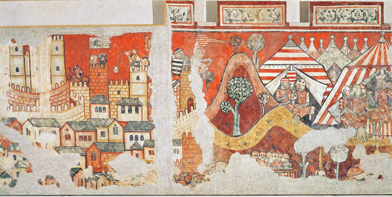 I. Jakab, Aragónia királyának királyi tábora Mallorca 1229-es ostroma alatt, részlet a Palacio Aguilar falfestményeiről, 1280 alkotó: Spanish School