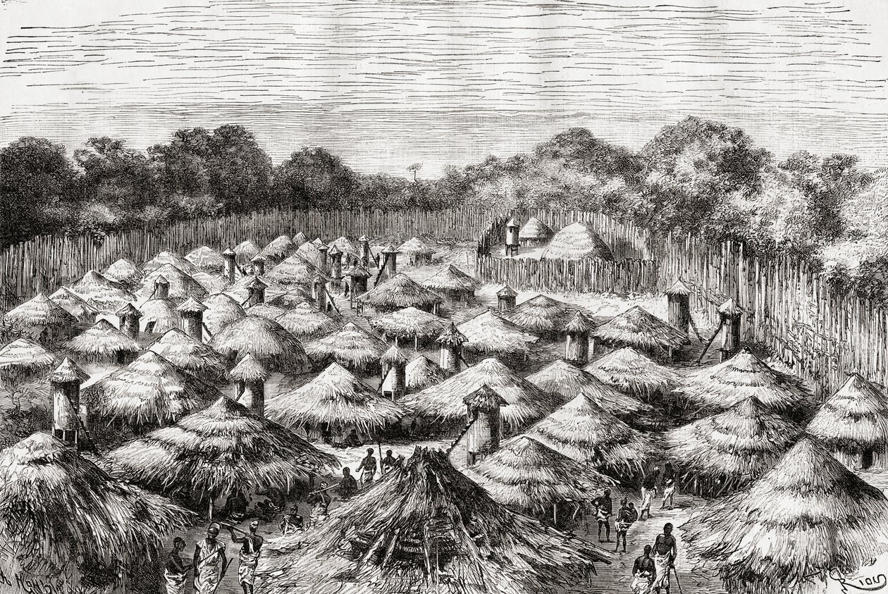 Kiwana falu, Tanzánia, ahogyan a 19. század végén volt, az 1888-ban megjelent „Afrika Pintorescából” alkotó: Spanish School