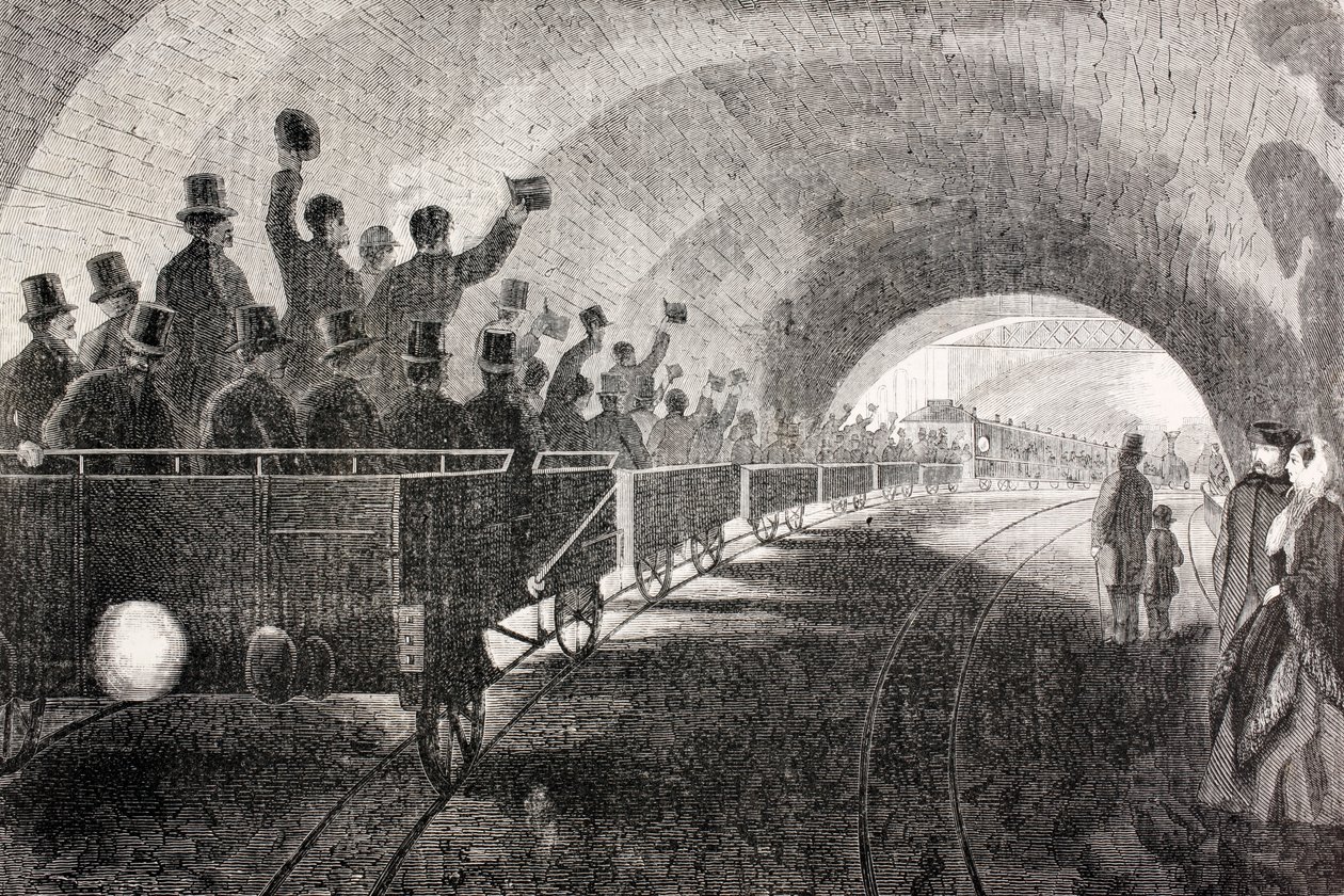 Vonatpróba a londoni metróban 1862-ben, a The Universal Museumból, 1862-ben alkotó: Spanish School