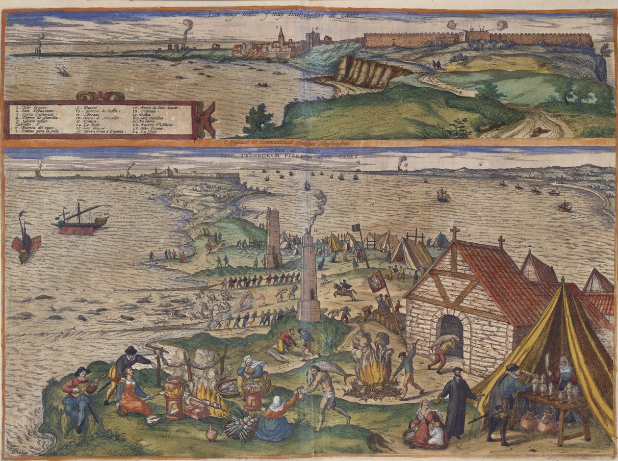 Cádiz kilátásai (kézzel színezett gravírozás) alkotó: Spanish School