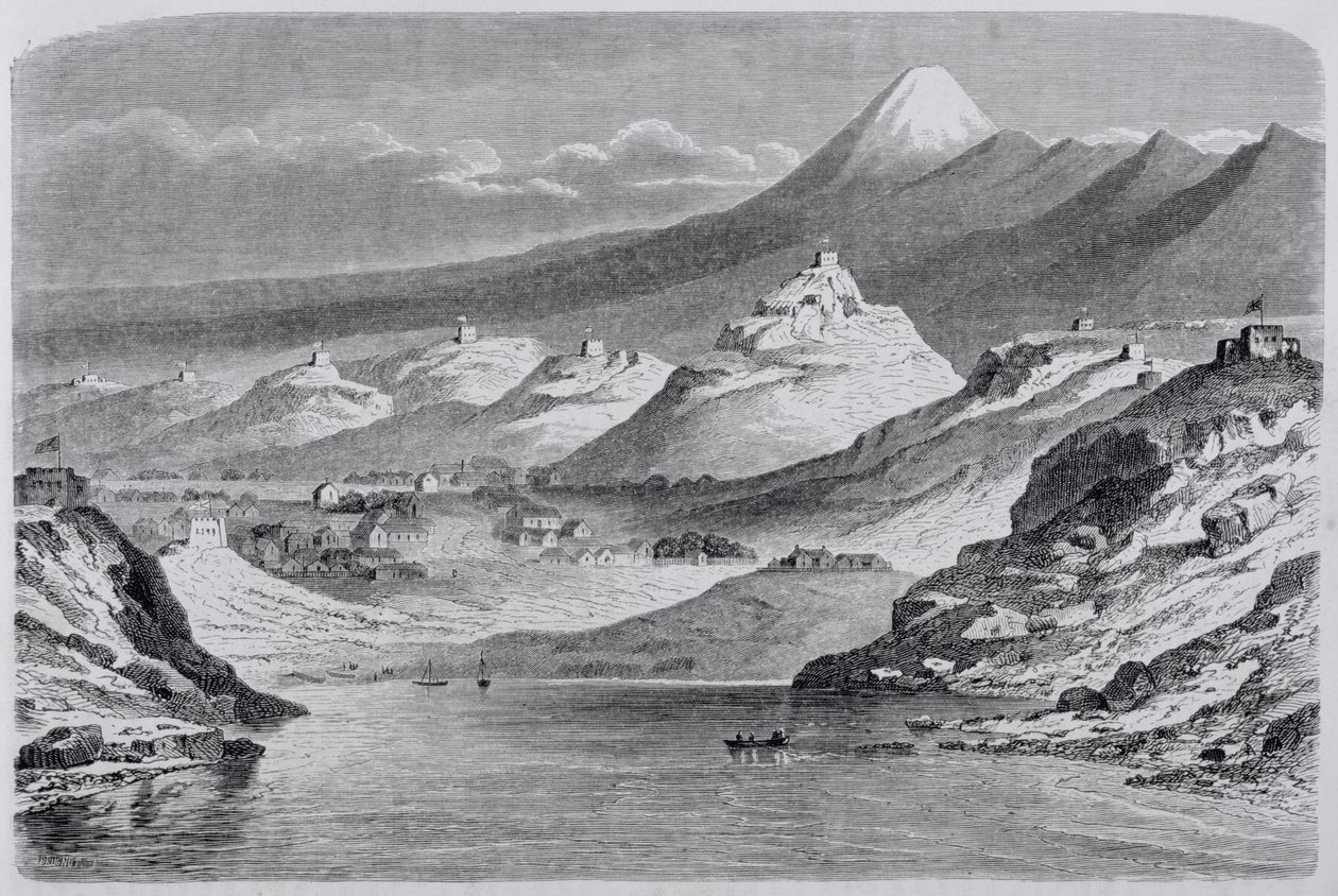 New Plymouth és az Egmont-hegy látképe, illusztráció a Visszatérés a világba című filmből, 1865 alkotó: Spanish School