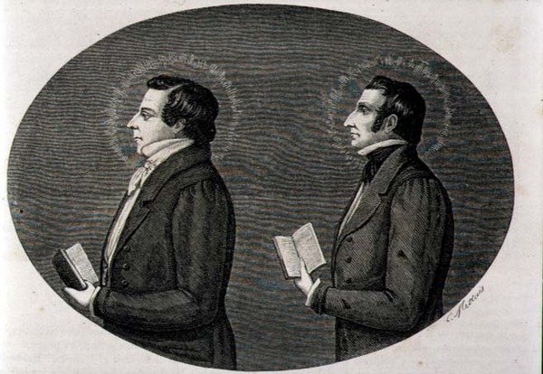 (LtoR) Joseph Smith (1805-44), a mormon egyház alapítója és testvére, Hyrum, a Mardridban megjelent „La Vuelta al Mundo”-ból alkotó: Spanish School