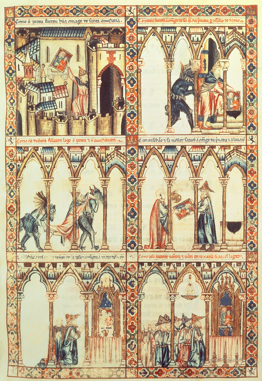 102-0002738 T.I.I. Cantiga 34, illusztráció a "Cantigas de Santa Maria"-ból, X. Alfonso ("A Bölcs") Kasztília és León királya (1221-84) irányítása alatt készült (vellum) (lásd még: 68647) alkotó: Spanish School