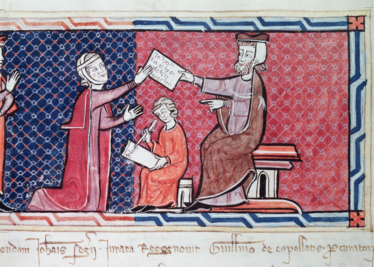 Egy nő, aki esküt tesz I. Jakab király (1207-76) mallorcai király előtt, részlet a bíróról, a nőről és az írnokról, a Capbreu de Clayra et de Millasból, 1292 (181839-es részlet) alkotó: Spanish School