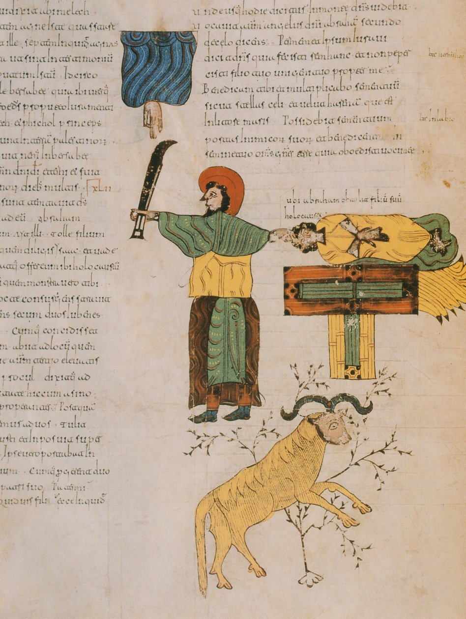 Ábrahám feláldozni készül fiát, Izsákot a vizigót-mozarab Szent Izidor Bibliából, Kr. e. 960 (tempera pergamen) alkotó: Spanish School