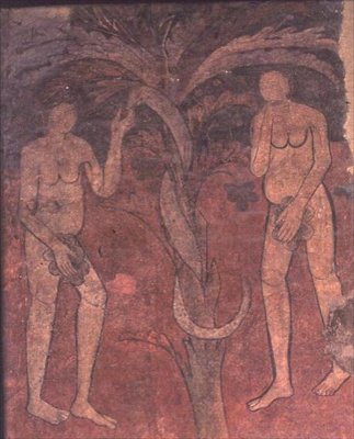 Ádám és Éva, a bűn eredete, falfestmény a diadalívről a központi hajó apszisában, Sta. Maria de Barbera (falfestmény) alkotó: Spanish School