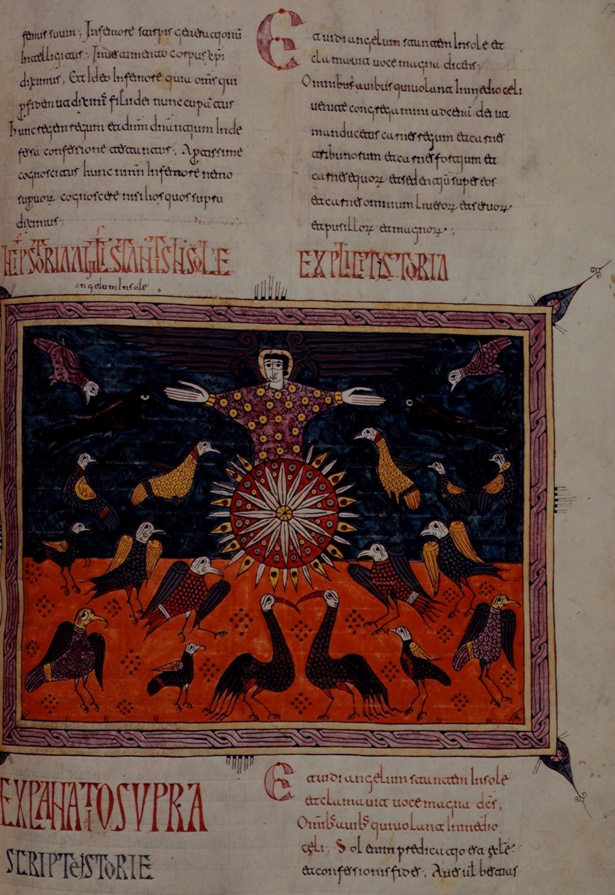 Add hozzá 11695 fol.197 Egy angyal áll a napon, a Beatus Apokalipszisből Santo Domingo de Silosból alkotó: Spanish School