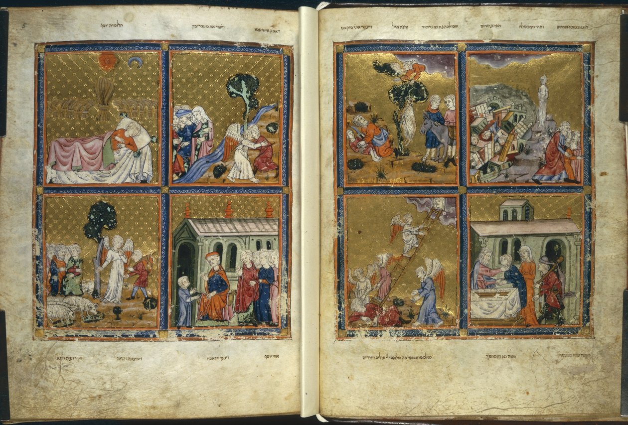 Hozzáadás. 27210, f.4v-5 Jelenetek a Genesisből, az „Arany Haggada”-ból (tinta, szín és arany pergamen) alkotó: Spanish School