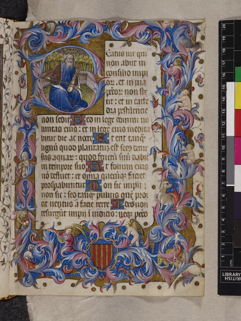 Adja hozzá az MS 28962 f.82r „B” kezdőbetűjét, amely Dávid királyt ábrázolja, I. zsoltár, „Psalter and Hours, Dominican use” vagy „Aragóniai V. Alphonso imakönyve”, 1436-43 körül (tinta, szín és arany pergamen ) alkotó: Spanish School