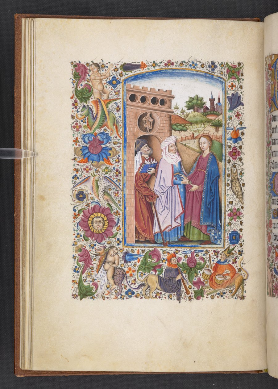 Adja hozzá az MS 50004 f.16v The Visitationt az „Órakönyvből” (tinta, szín és arany pergamen) alkotó: Spanish School