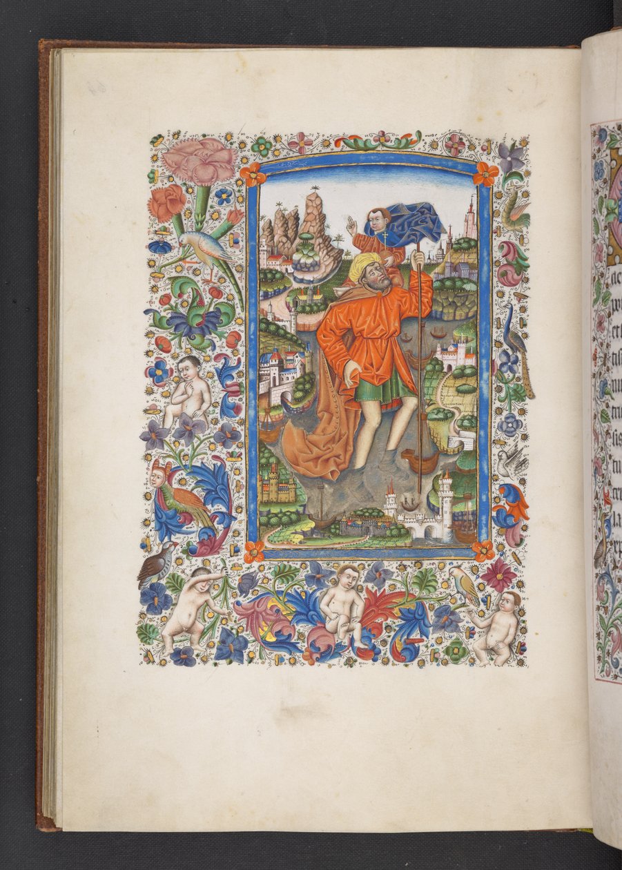 Adja hozzá az MS 50004 f.64v Saint Christopher-t, aki Krisztus gyermekét hordozza, „Órakönyv” (tinta, szín és arany pergamen) alkotó: Spanish School