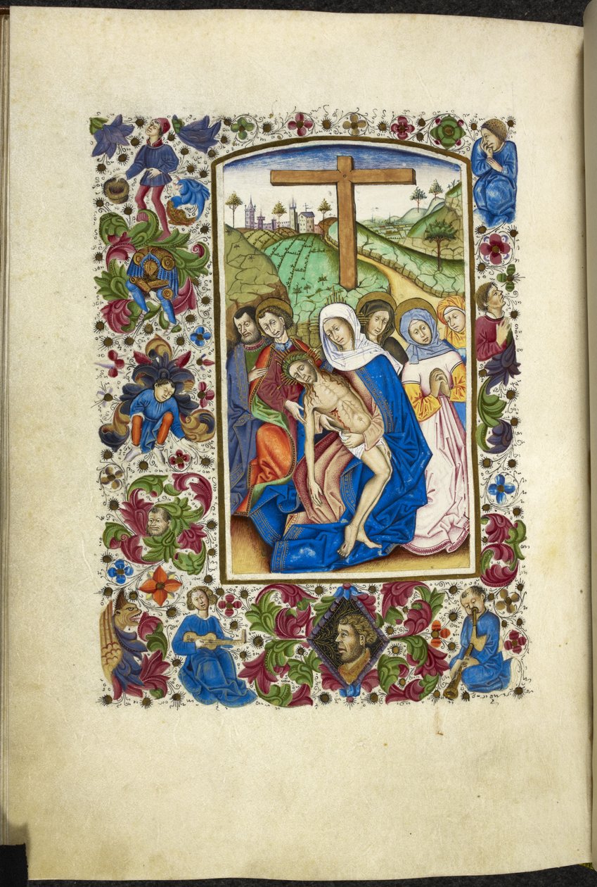 Add hozzá az MS 50004 f.70v Szűz Máriát, aki Krisztus testét tartja, mellette két tanítvány és nő, az „Órakönyvből” (tinta, szín és arany pergamen) alkotó: Spanish School
