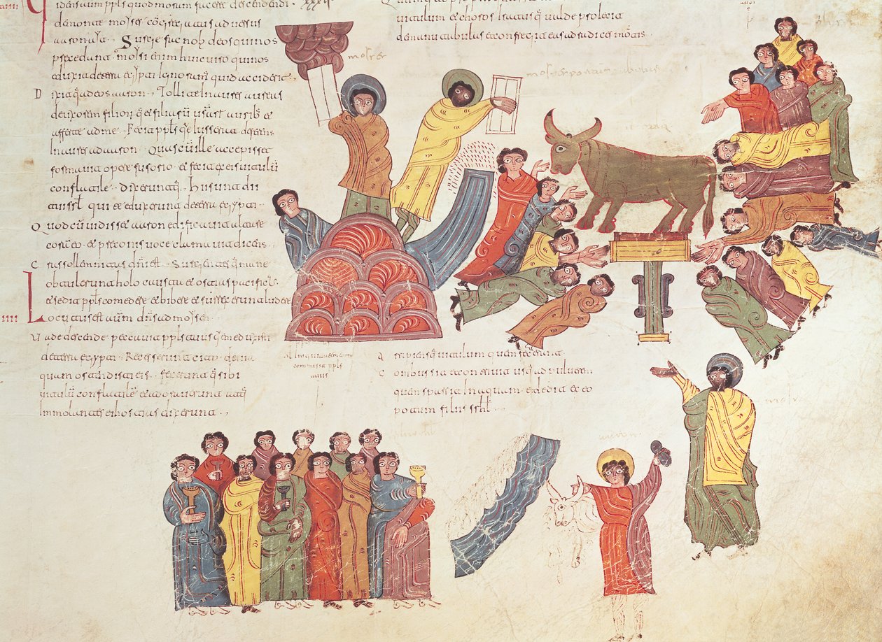 Az Aranyborjú imádása, Szent Izidor vizigót-mozarab Bibliájából, fol.46r., A.D. 960 (tempera pergamen) alkotó: Spanish School