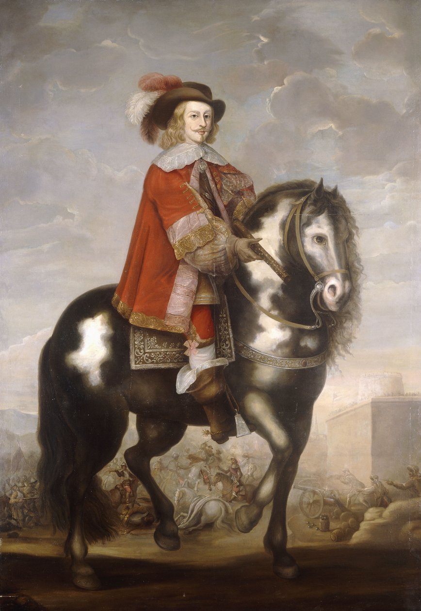 Lovas portré Infante Fernando de Borbon bíborosról, Spanyol Hollandia kormányzójáról, teljes hosszában vörös kabátban és tollas kalapban, egy csata túl, 1685 körül alkotó: Spanish School
