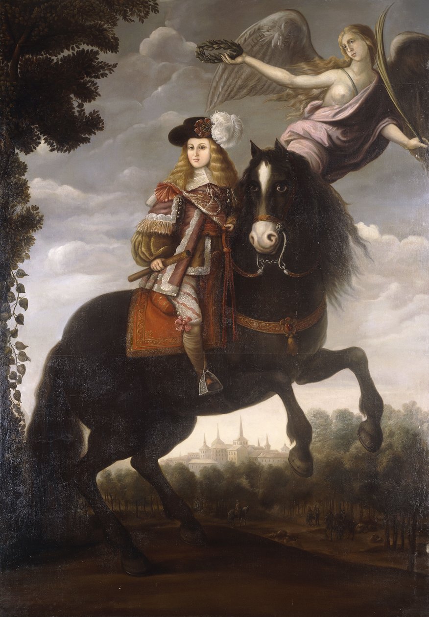II. Károly király lovas portréja, teljes hosszúságban, piros kabátban, fehér díszítéssel, amelyet egy angyal babérral koronázott meg, Madrid a távolban, 1685 körül alkotó: Spanish School
