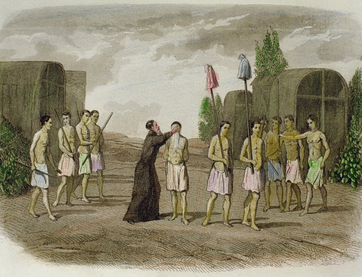 A Tupinamba törzs bennszülött rabszolgáját egy jezsuita pap keresztelte meg Bahia közelében 1550-ben. alkotó: Spanish School