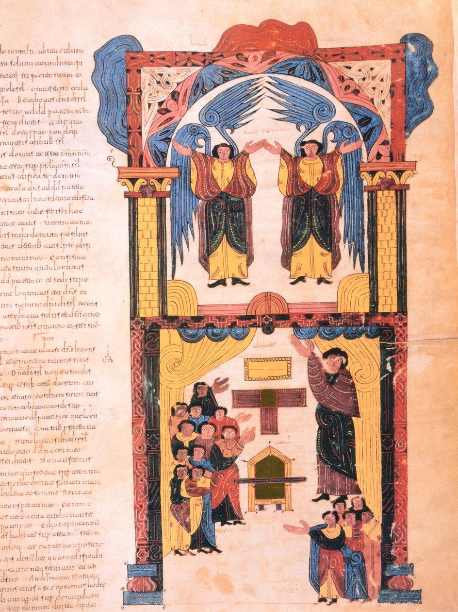 Angyalok és Dávid a frigyládával a Salamon temploma előtt, 139r., Szent Izidor vizigót-mozarab Bibliájából, Kr.u. 960 (tempera pergamen) alkotó: Spanish School