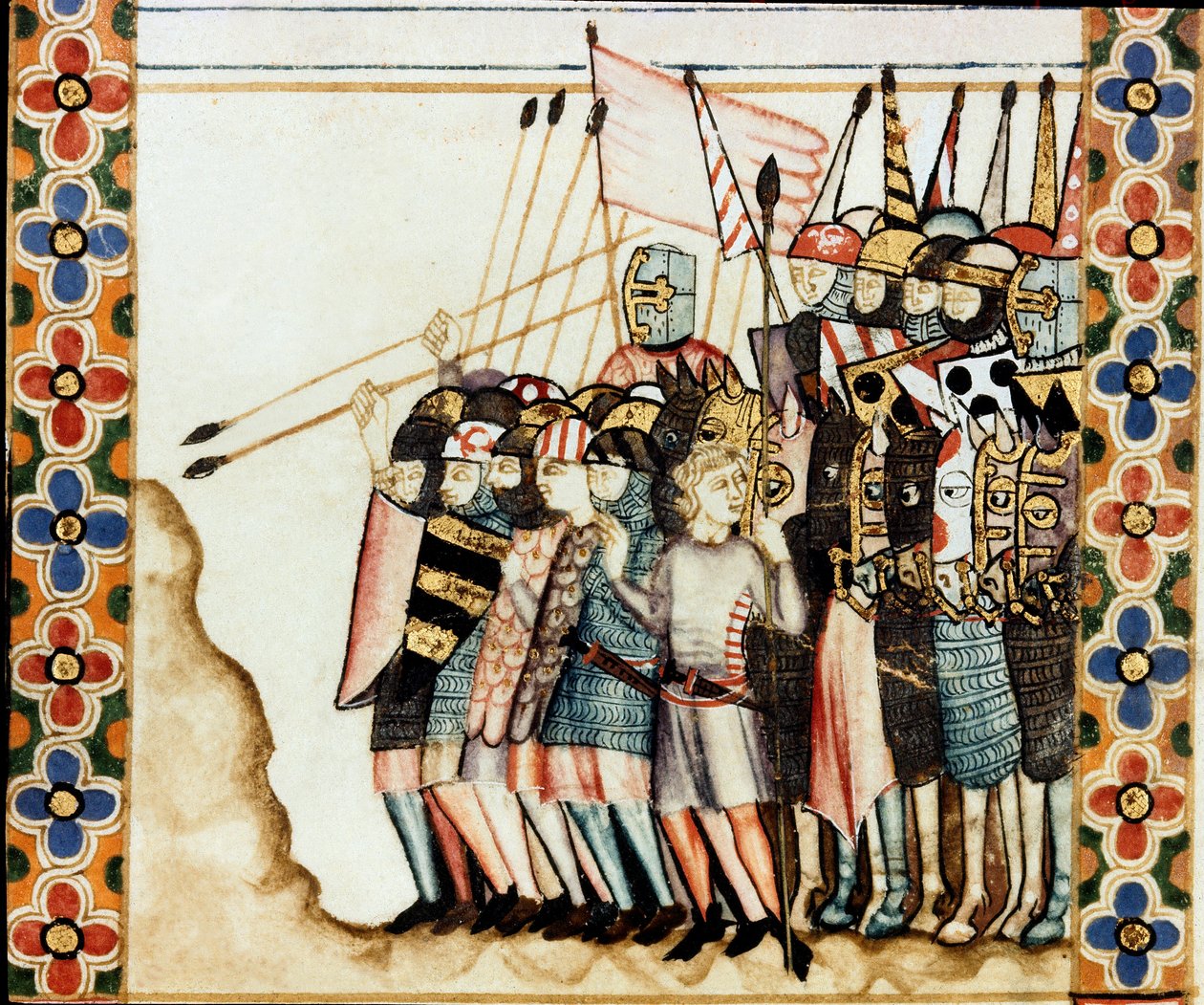 Armee des croises A Szent Mária éneke (Cantigas de Santa Maria) kéziratából vett oldal részlete, Szent Máriának és csodáinak szentelt miniatúrák díszítése, X. Bölcs Alfonz uralkodása alatti redige dalok gyűjteménye (1221-) 1284). alkotó: Spanish School