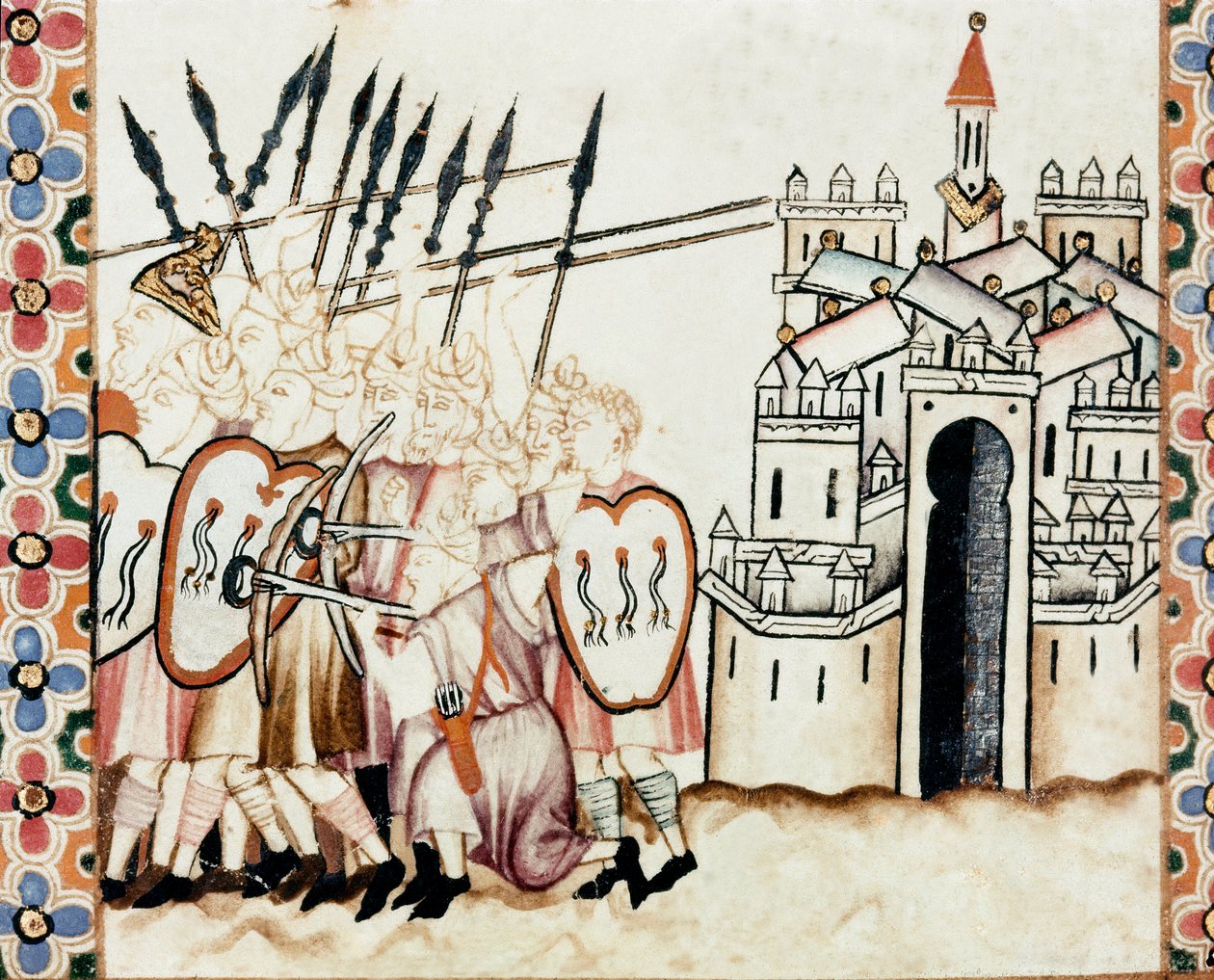 A mórok armee várost véd a Szent Mária éneke (Cantigas de Santa Maria) kéziratából vett oldal részlete, Szent Máriának és csodáinak szentelt miniatúrákat díszít, X. Alfonso uralkodása alatt redigált dalok gyűjteménye. w alkotó: Spanish School