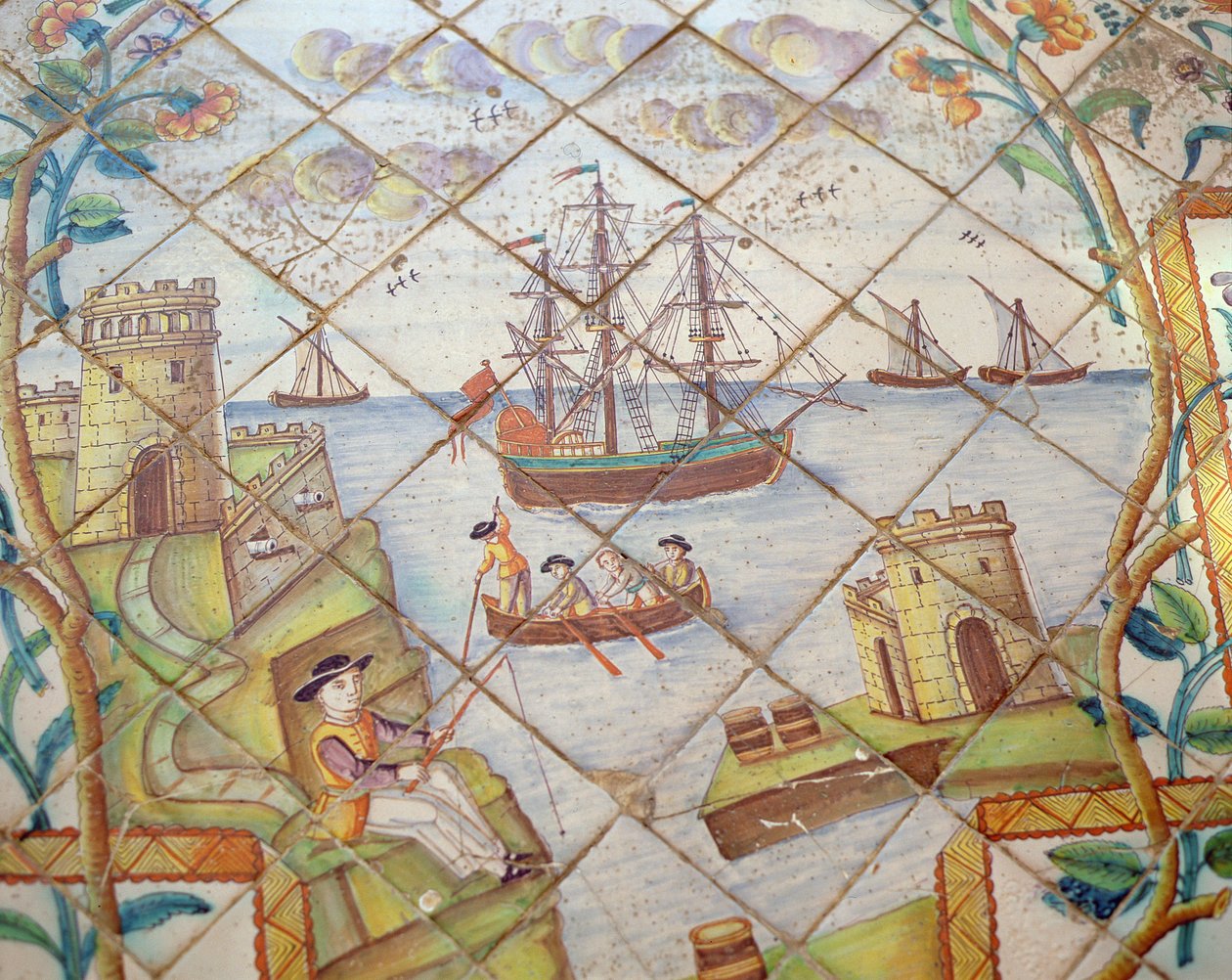 Azulejos csempék, amelyek egy kikötőt ábrázolnak hajókkal (kerámia) alkotó: Spanish School