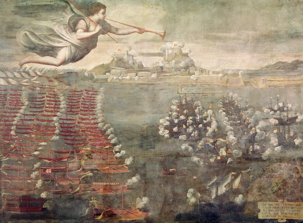 Lepantói csata. Győztes hajók belépnek Messina kikötőjébe (olaj, vászon) alkotó: Spanish School