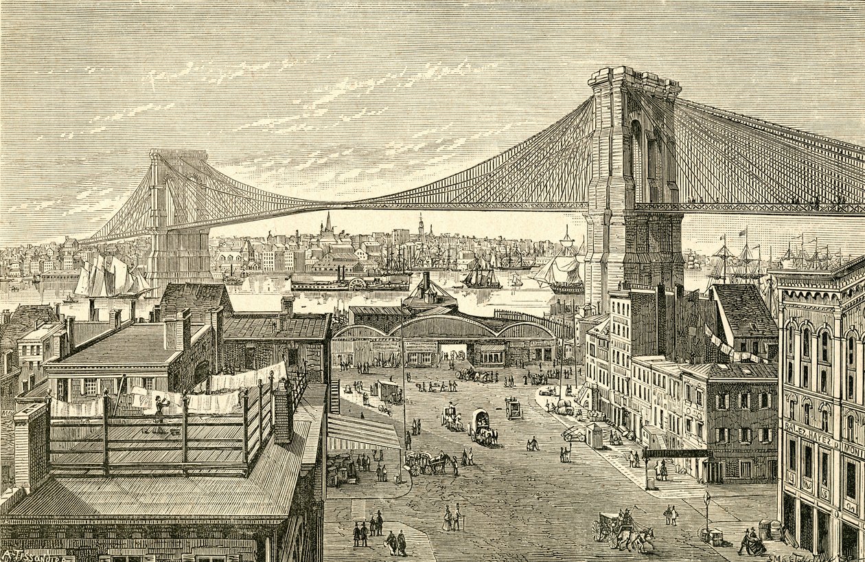 Brooklyn Bridge, New York, Amerikai Egyesült Államok a 19. században. Az El Museo Popular által kiadott Madrid alkotó: Spanish School