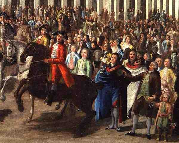 III. Károly (1685-1740) Madridba belépve, a Plaza Mayorról alkotó: Spanish School
