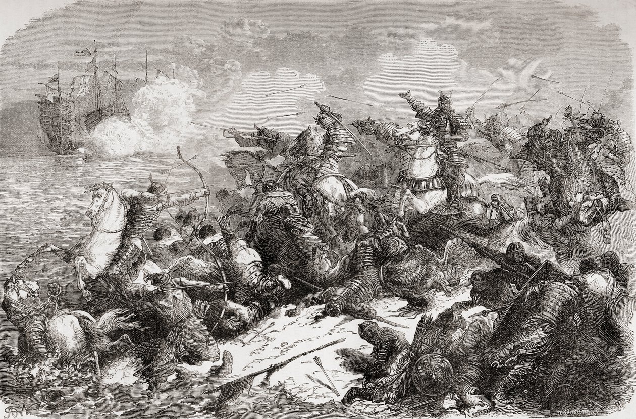 Kínai inváziókísérlet Japán ellen a 13. században, kiad. 1878 (nyomtatás) alkotó: Spanish School