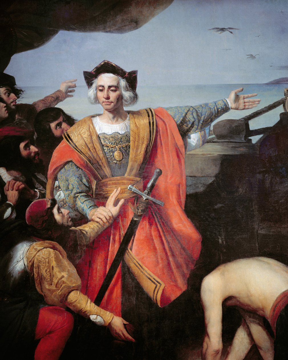 Kolumbusz Kristóf karavelláján Guanahani szigetére (San Salvador) int 1492. október 12-én, részlet (olaj, vászon) alkotó: Spanish School