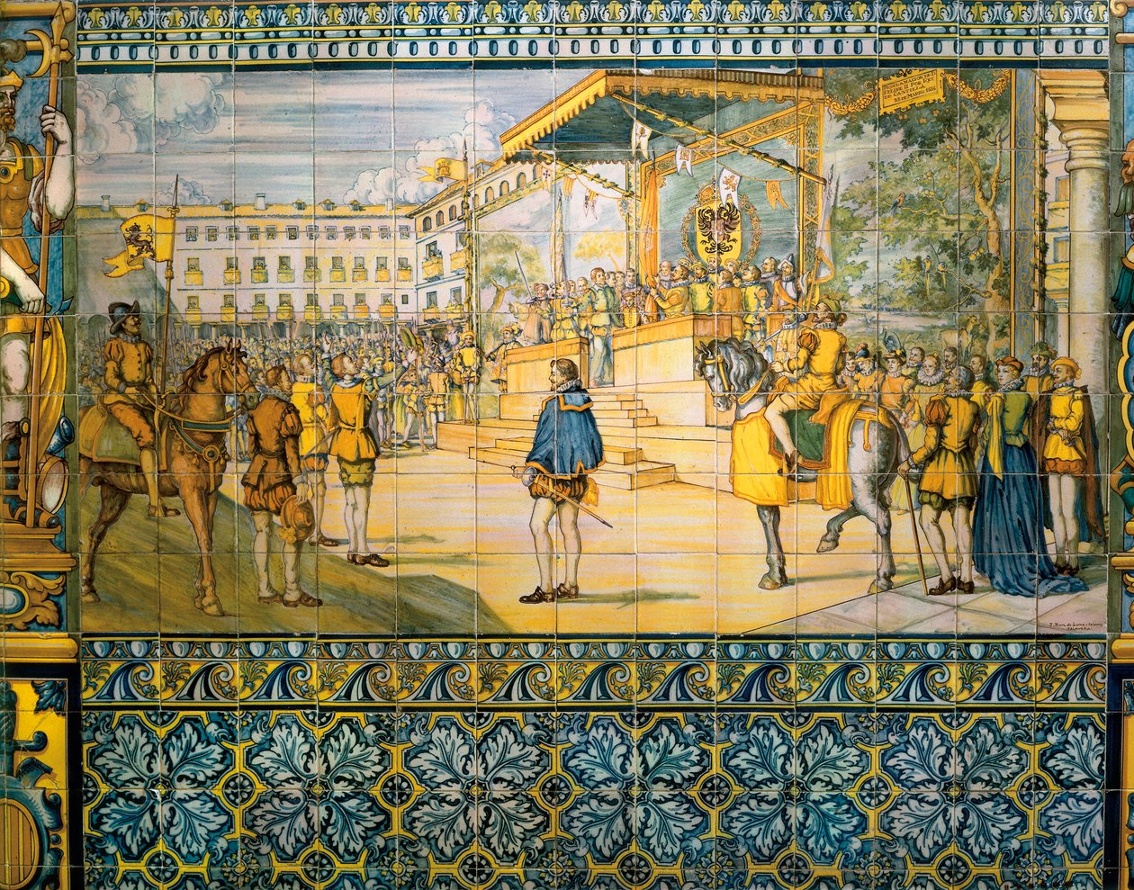 Ünnepségek Valladolidban II. Spanyol Fülöp tiszteletére 1559 májusában. Csempék a talavera au palais de la famille Pimentel iskolából, Valladolid. alkotó: Spanish School