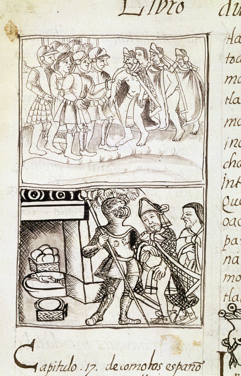 Mexikó meghódításának kódexe - miniatúra Bernardino de Sahagun "Storia degli Aztechi" (Az aztékok története) című firenzei kéziratából. alkotó: Spanish School