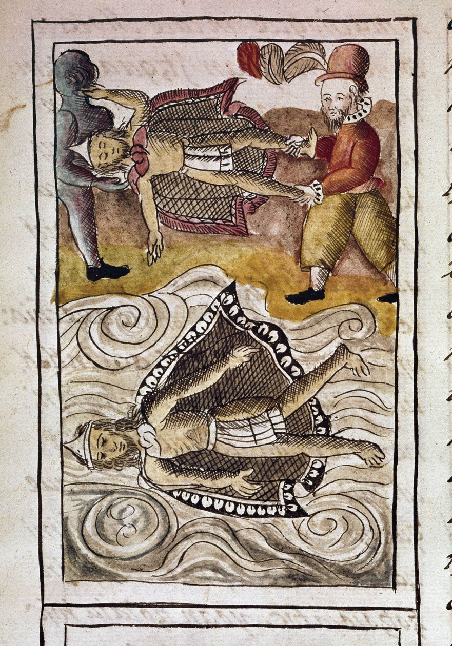 Mexikó meghódításának kódexe: Itzquauhtzin és Montezuma, azaz II Moctezuma azték császár (1466-1520) holttestét a spanyolok kidobják a palotából. alkotó: Spanish School