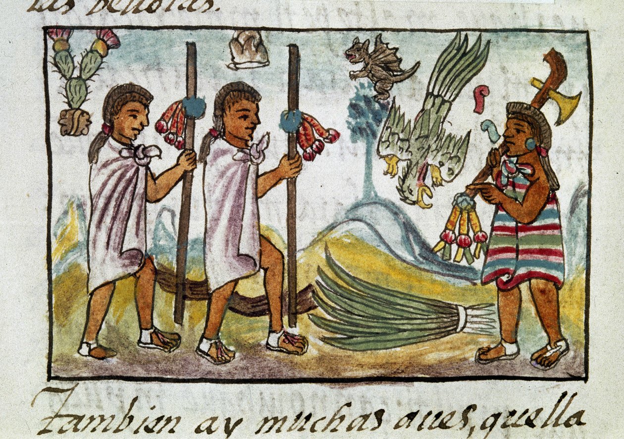 Mexikó meghódításának kódexe: Tzinacantlanban álcázott kereskedők. Bernardino de Sahagun "Storia degli Aztechi" (Az aztékok története) című firenzei kéziratának miniatúrája. alkotó: Spanish School