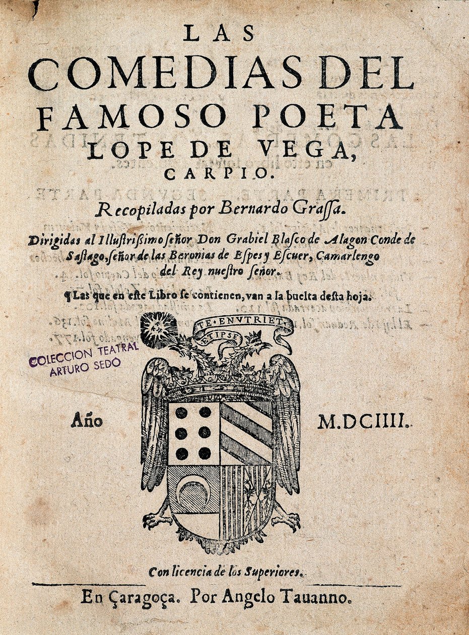 A híres költő, Lope de Vega komédiáinak borítója, Felix Lope de Vega Carpio (1562-1635), 1604-es kiadás (nyomtatott monográfia) alkotó: Spanish School