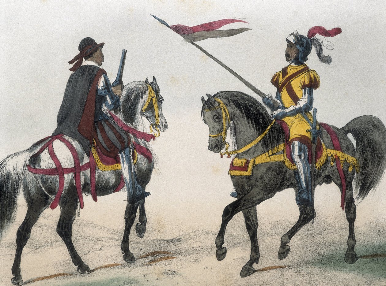 DE SOTTO, Serafin Maria, Clonard grófja (1793 - 1862). Historia organica de las armas de Infanteria y Caballeria espanolas. 1851 - 1859. Lovasok II. Fülöp spanyol király uralkodása idején. "Heraldo de caballeria" (fegyverhírnök) és "hombre de armas" (Ma alkotó: Spanish School