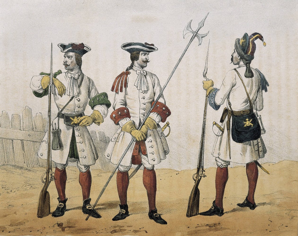 DE SOTTO, Serafin Maria, Clonard grófja (1793 - 1862). Historia organica de las armas de Infanteria y Caballeria espanolas. 1851 - 1859. Vonalas gyalogság V. Fülöp spanyol király uralkodása alatt. Lövész, őrmester és gránátos (1707-1718). Litográfia. SPANY alkotó: Spanish School