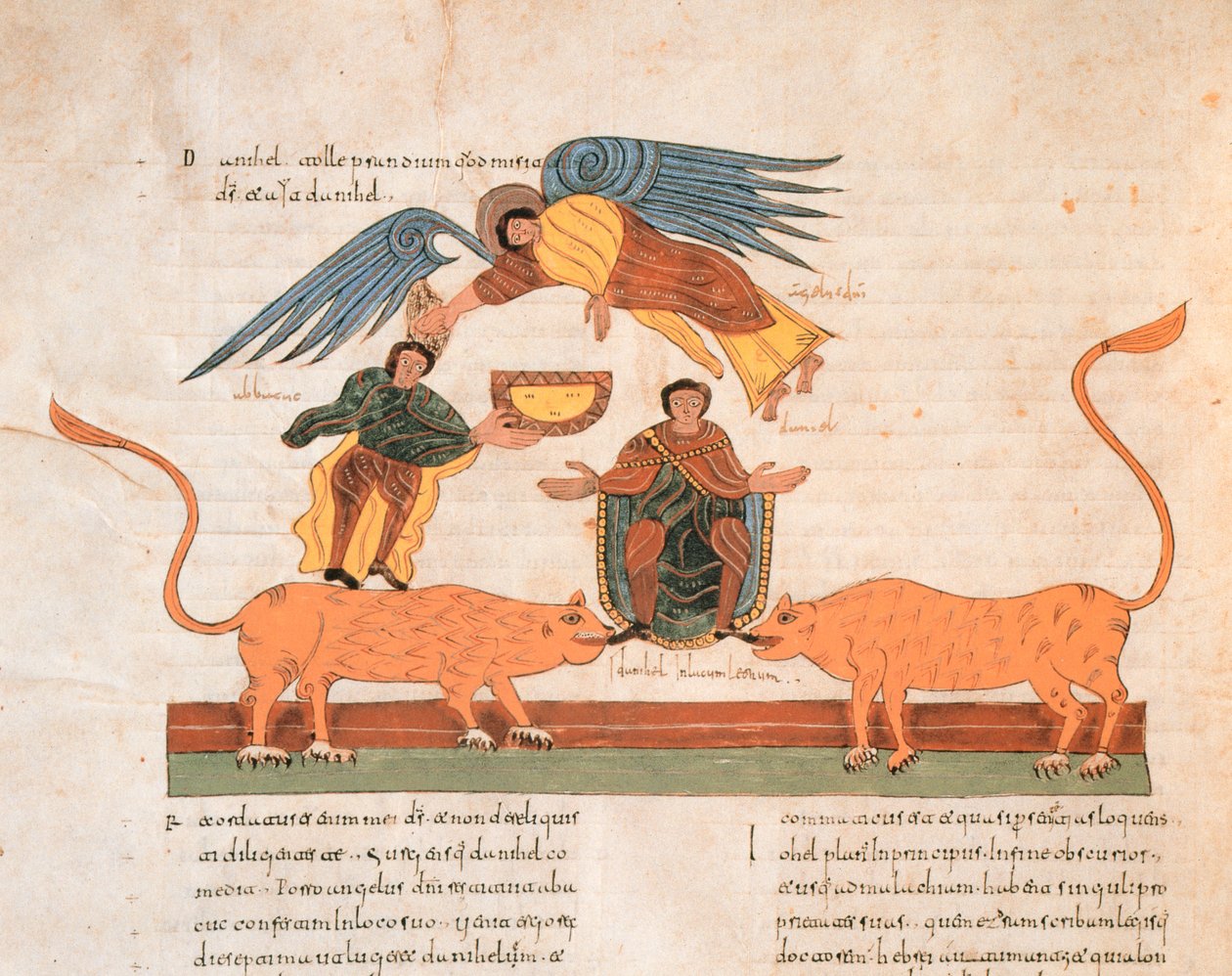 Dániel az oroszlánok barlangjában, Szent Izidor vizigót-mozarab Bibliájából, fol.325v., A.D. 960 (tempera pergamen) alkotó: Spanish School
