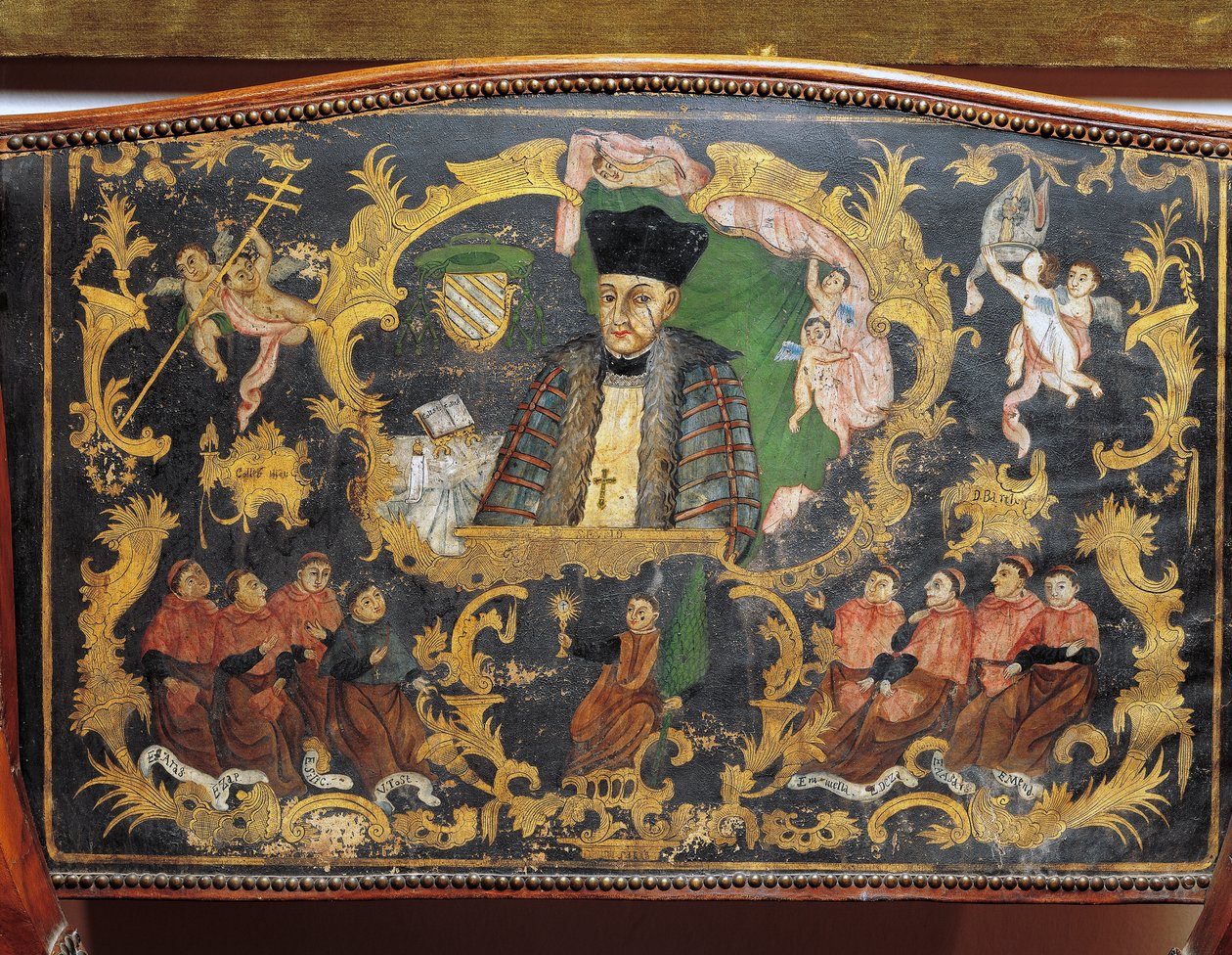 Az egyetem püspök-rektorának ábrázolása, részlet a spanyolországi Salamanca-i College of St Bartholomew festett bőrszékének háttámlájából alkotó: Spanish School