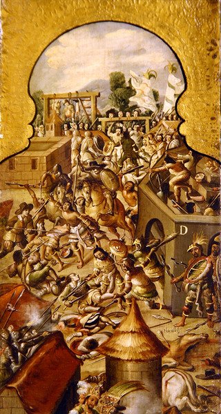 A Temple Mayor és a Zocalo piazza meghódításáért folytatott harcok során elkövetett atrocitások ábrázolása; alkotó: Spanish School