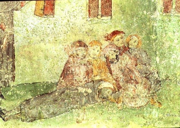 Részlet a templomot építő munkásokról, freskó a Llucai Szent Mária-templom kórusa alatt (freskó) alkotó: Spanish School