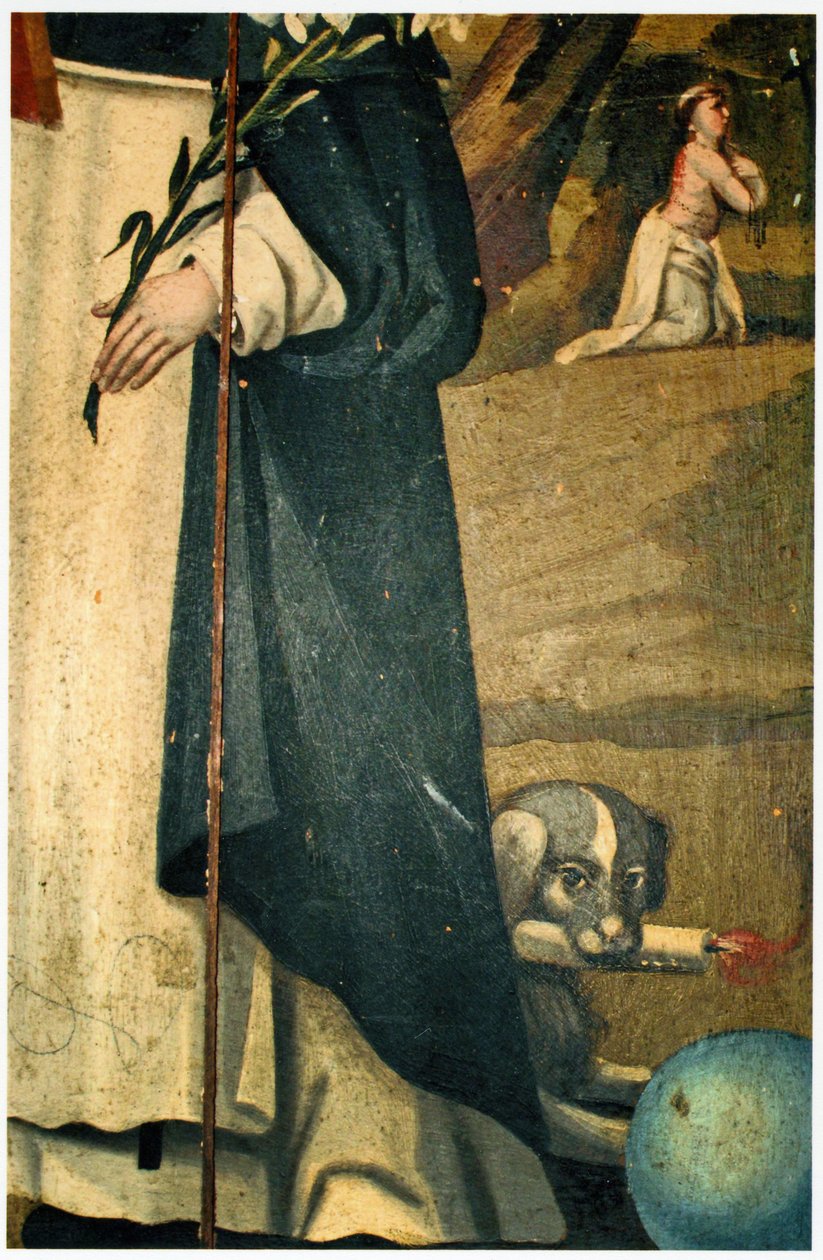Részlet a liliomról, a pálcáról és a fáklyás kutyáról, Szent Domonkos attribútumairól alkotó: Spanish School