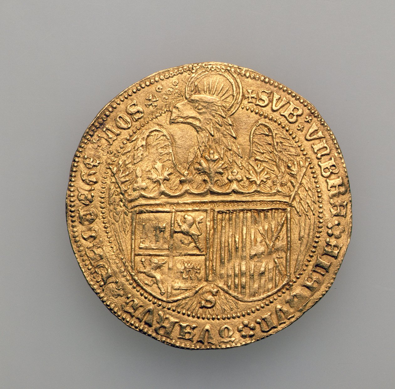 II. Aragóniai Ferdinánd (1452-1516) és Kasztíliai Izabella (1451-1504) kettős kiválósága, sevillai pénzverde, 1475 (arany) (lásd: 168057) alkotó: Spanish School