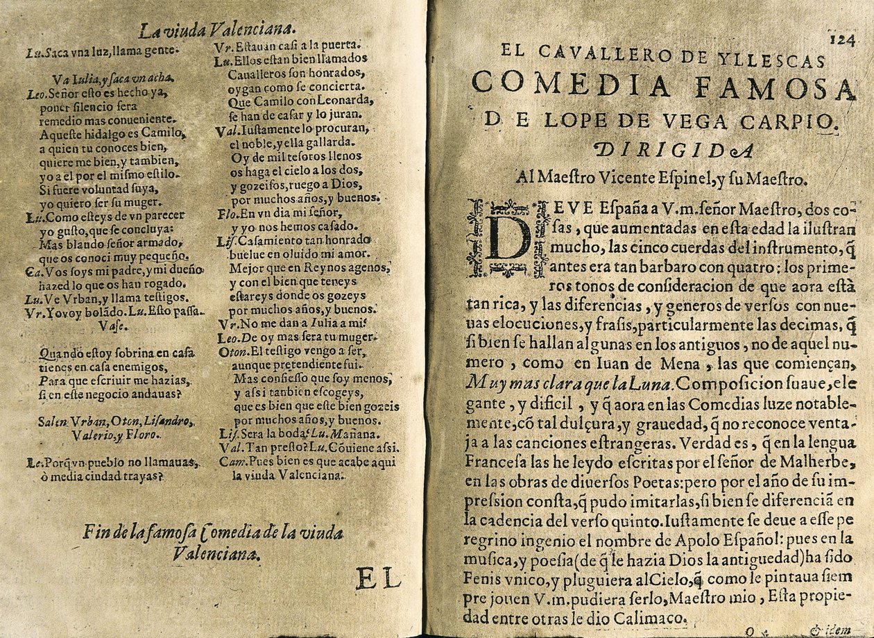 ESPINEL, Vicente (1550-1624). Spanyol zenész és klasszikus költő; VEGA CARPIO, Felix Lope de (1562-1635). "El cavallero de Yllescas", komédia a "Parte catorze de las comedias de Lope de Vega" című, Madridban Fernan özvegye által kiadott gyűjteményben. alkotó: Spanish School