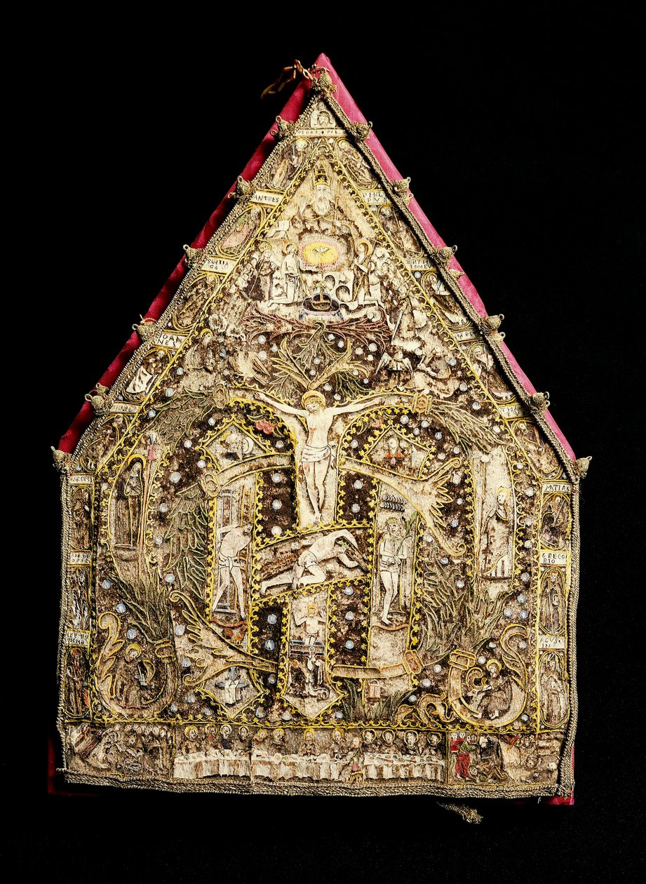 Mexikói spanyol misszionáriusok által készített, arany díszítésű Eveque gérvágó tollmozaikokból. 16. századi Firenze, Museo degli Argenti alkotó: Spanish School
