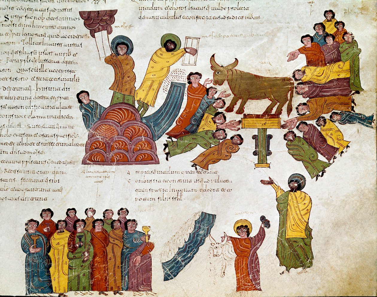 Exodus: „” az aranyborjú imádása””” Mózes és a törvénytáblázatok. Miniatűr egy mozarab Bibliából. 10. század. Leon. Szent Izidor királyi kollégiumának könyvtára. Spanyolország alkotó: Spanish School