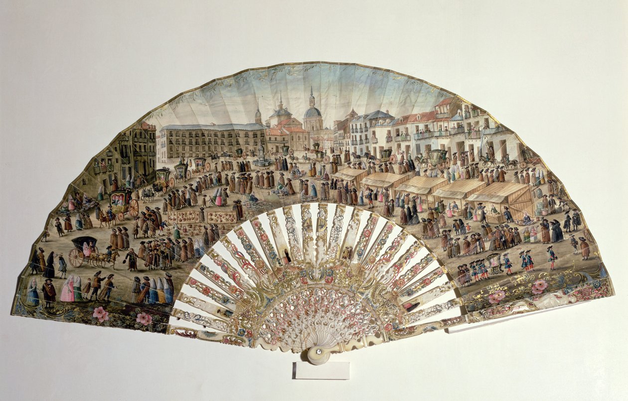 A madridi Plaza de la Cebadát ábrázoló ventilátor (papíron elefántcsont és gouache) alkotó: Spanish School