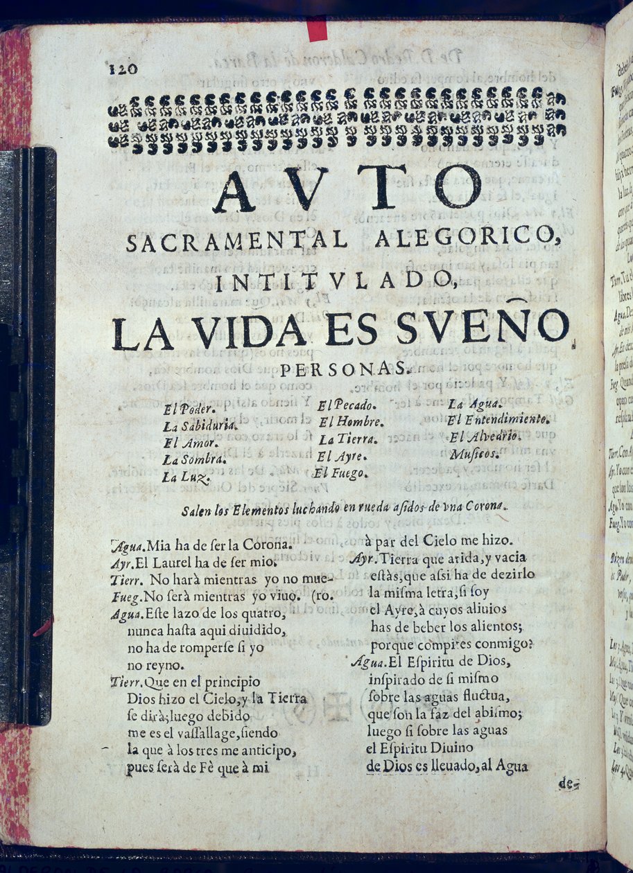 A La Vida es Sueno első oldala a Los Autos Sacramentalesből, Pedro Calderon de la Barca (1600-81), szerkesztette Juan Garcia Infanzon, 1690 (nyomtatott papír) alkotó: Spanish School