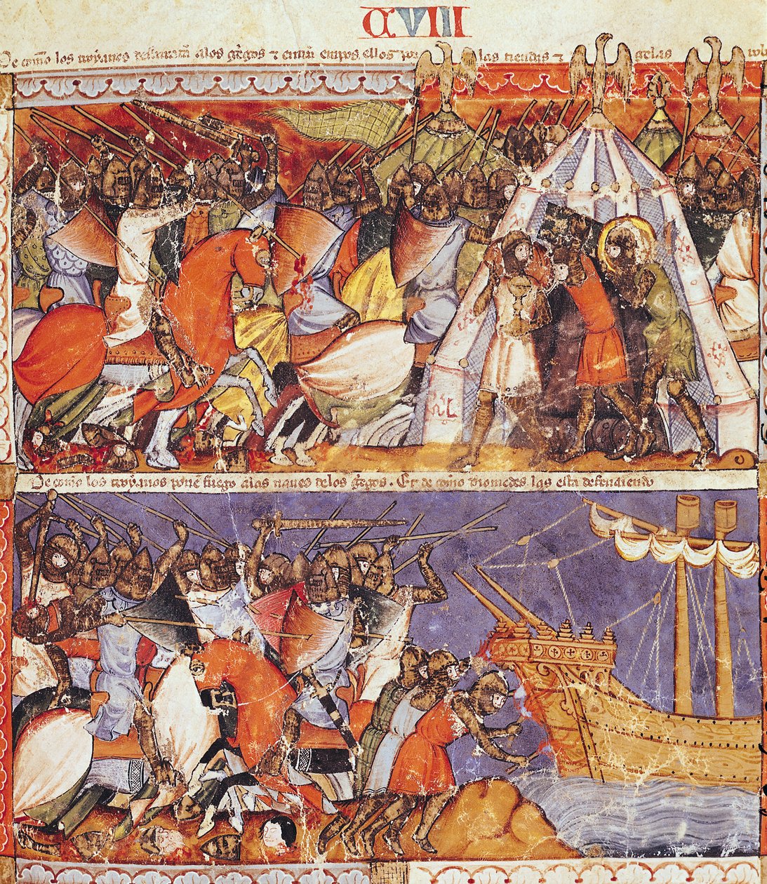Fol.108r A trójaiak megszállják a görög tábort és tüzet gyújtanak a görög hajókra, a Codex Benito de Santa Mora-ból alkotó: Spanish School
